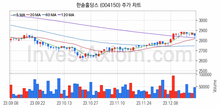 폐기물처리 관련주 한솔홀딩스 주식 종목의 분석 시점 기준 최근 일봉 차트