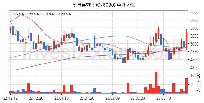 폐배터리 관련주 웰크론한텍 주식 종목의 분석 시점 기준 최근 일봉 차트