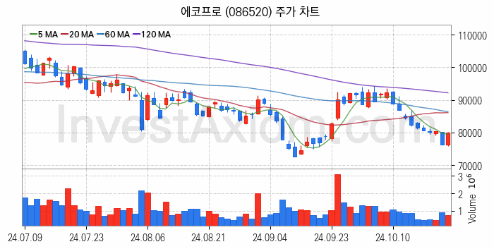 폐배터리 관련주 에코프로 주식 종목의 분석 시점 기준 최근 일봉 차트
