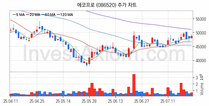 폐배터리 관련주 에코프로 주식 종목의 분석 시점 기준 최근 일봉 차트
