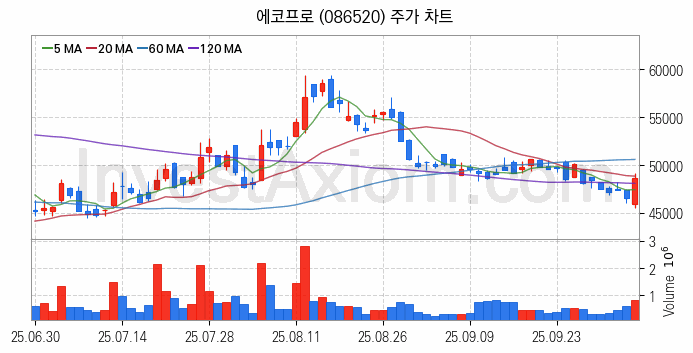 폐배터리 관련주 에코프로 주식 종목의 분석 시점 기준 최근 일봉 차트