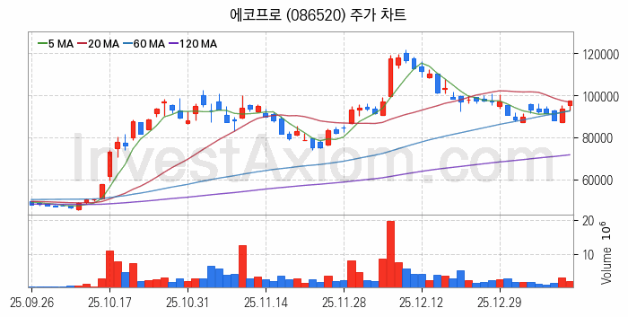 폐배터리 관련주 에코프로 주식 종목의 분석 시점 기준 최근 일봉 차트