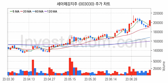 풍력에너지 관련주 세아제강지주 주식 종목의 분석 시점 기준 최근 일봉 차트