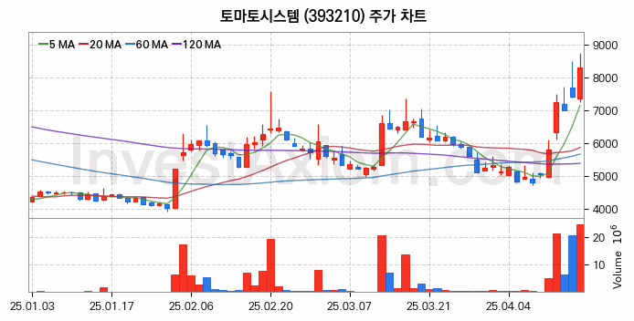 퓨리오사AI 관련주 토마토시스템 주식 종목의 분석 시점 기준 최근 일봉 차트