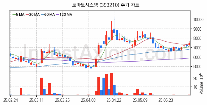 퓨리오사AI 관련주 토마토시스템 주식 종목의 분석 시점 기준 최근 일봉 차트