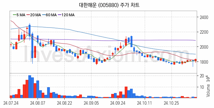 해운 관련주 대한해운 주식 종목의 분석 시점 기준 최근 일봉 차트