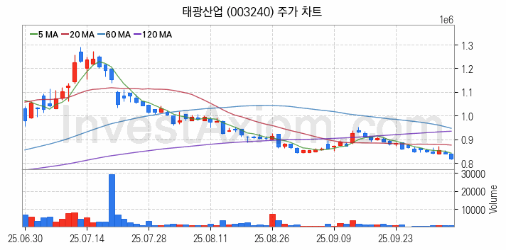 화학섬유 관련주 태광산업 주식 종목의 분석 시점 기준 최근 일봉 차트