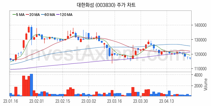 화학섬유 관련주 대한화섬 주식 종목의 분석 시점 기준 최근 일봉 차트