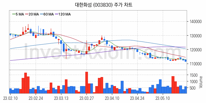 화학섬유 관련주 대한화섬 주식 종목의 분석 시점 기준 최근 일봉 차트