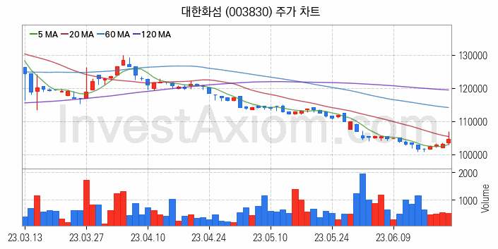 화학섬유 관련주 대한화섬 주식 종목의 분석 시점 기준 최근 일봉 차트