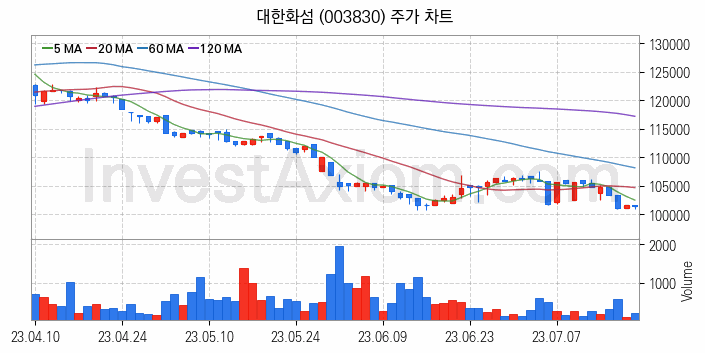 화학섬유 관련주 대한화섬 주식 종목의 분석 시점 기준 최근 일봉 차트