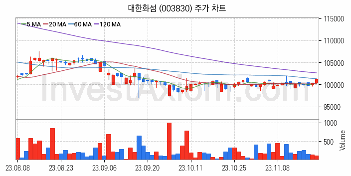 화학섬유 관련주 대한화섬 주식 종목의 분석 시점 기준 최근 일봉 차트