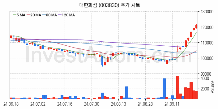 화학섬유 관련주 대한화섬 주식 종목의 분석 시점 기준 최근 일봉 차트