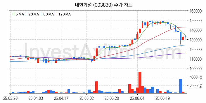 화학섬유 관련주 대한화섬 주식 종목의 분석 시점 기준 최근 일봉 차트