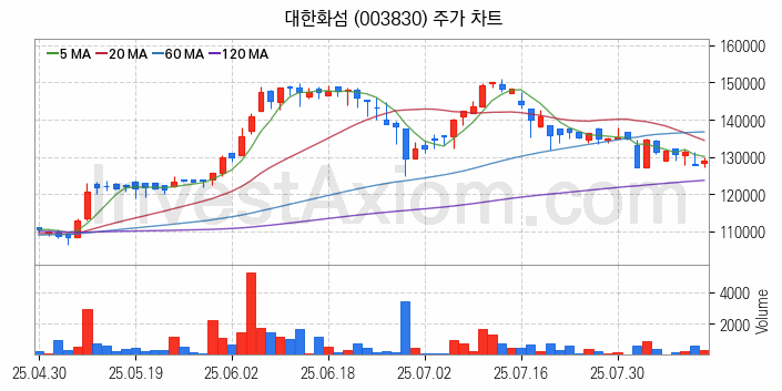 화학섬유 관련주 대한화섬 주식 종목의 분석 시점 기준 최근 일봉 차트