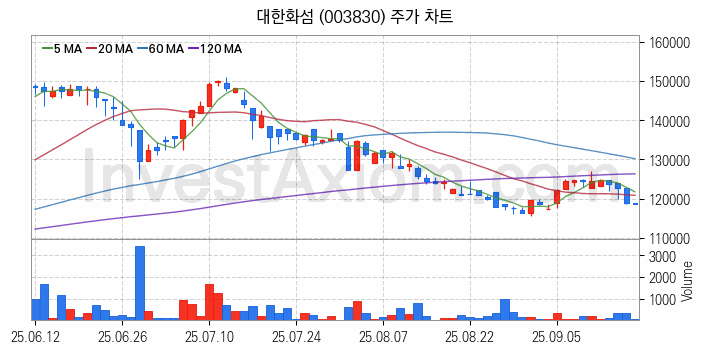 화학섬유 관련주 대한화섬 주식 종목의 분석 시점 기준 최근 일봉 차트