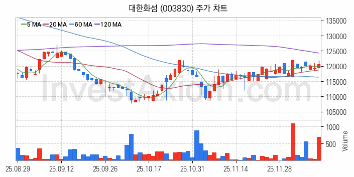 화학섬유 관련주 대한화섬 주식 종목의 분석 시점 기준 최근 일봉 차트