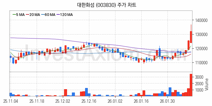 화학섬유 관련주 대한화섬 주식 종목의 분석 시점 기준 최근 일봉 차트