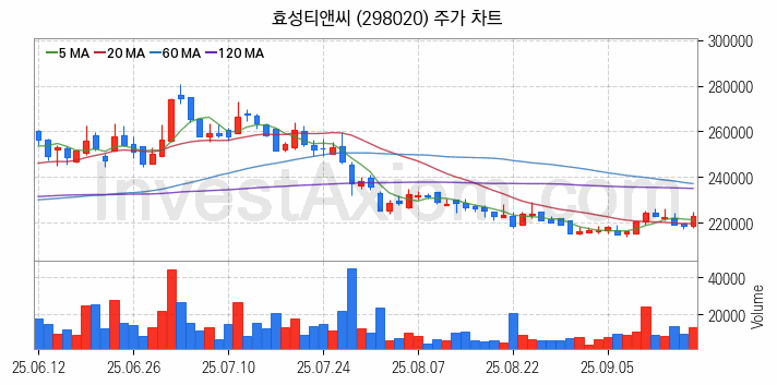 화학섬유 관련주 효성티앤씨 주식 종목의 분석 시점 기준 최근 일봉 차트