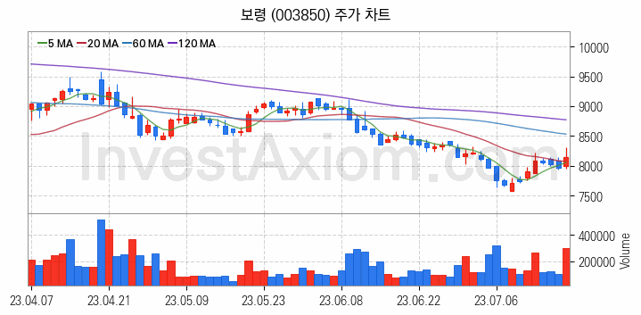 황사미세먼지 관련주 보령 주식 종목의 분석 시점 기준 최근 일봉 차트