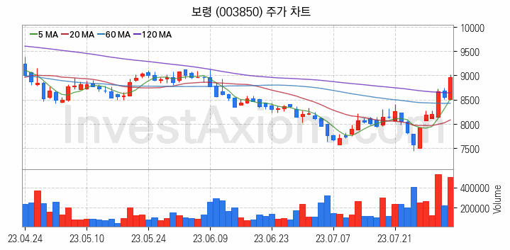 황사미세먼지 관련주 보령 주식 종목의 분석 시점 기준 최근 일봉 차트