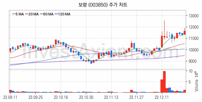 황사미세먼지 관련주 보령 주식 종목의 분석 시점 기준 최근 일봉 차트