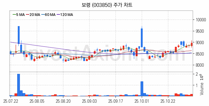 황사미세먼지 관련주 보령 주식 종목의 분석 시점 기준 최근 일봉 차트