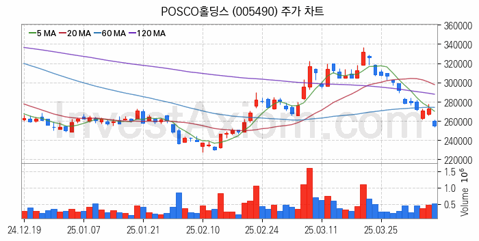 희귀금속 희토류 관련주 POSCO홀딩스 주식 종목의 분석 시점 기준 최근 일봉 차트