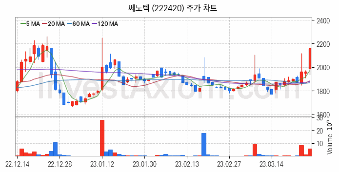 희귀금속 희토류 관련주 쎄노텍 주식 종목의 분석 시점 기준 최근 일봉 차트