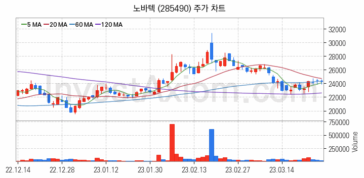 희귀금속 희토류 관련주 노바텍 주식 종목의 분석 시점 기준 최근 일봉 차트