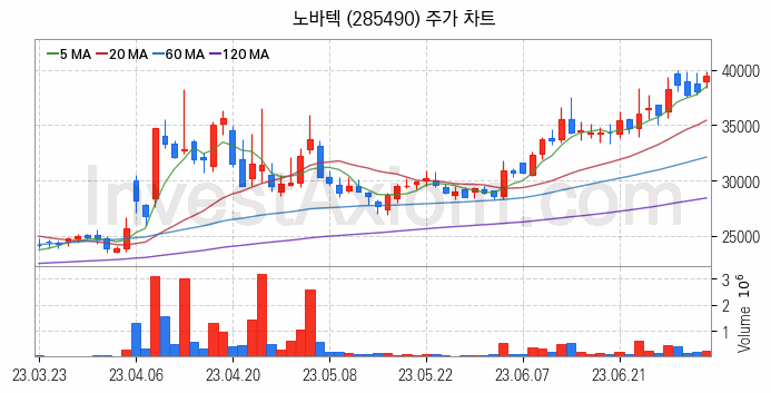 희귀금속 희토류 관련주 노바텍 주식 종목의 분석 시점 기준 최근 일봉 차트