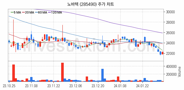 희귀금속 희토류 관련주 노바텍 주식 종목의 분석 시점 기준 최근 일봉 차트