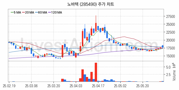 희귀금속 희토류 관련주 노바텍 주식 종목의 분석 시점 기준 최근 일봉 차트