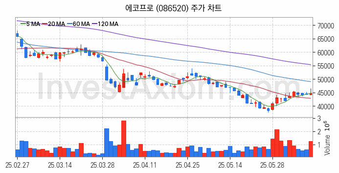 2차전지 나트륨이온 관련주 에코프로 주식 종목의 분석 시점 기준 최근 일봉 차트