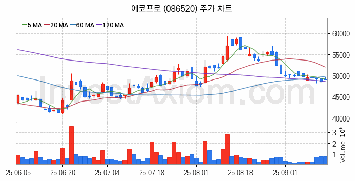 2차전지 나트륨이온 관련주 에코프로 주식 종목의 분석 시점 기준 최근 일봉 차트