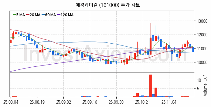 2차전지 나트륨이온 관련주 애경케미칼 주식 종목의 분석 시점 기준 최근 일봉 차트