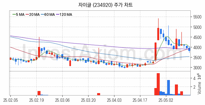 2차전지 나트륨이온 관련주 자이글 주식 종목의 분석 시점 기준 최근 일봉 차트
