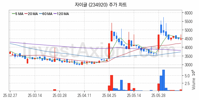 2차전지 나트륨이온 관련주 자이글 주식 종목의 분석 시점 기준 최근 일봉 차트