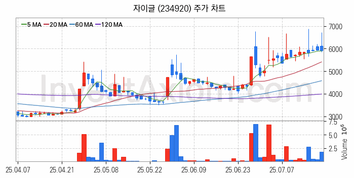 2차전지 나트륨이온 관련주 자이글 주식 종목의 분석 시점 기준 최근 일봉 차트