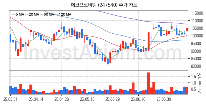 2차전지 나트륨이온 관련주 에코프로비엠 주식 종목의 분석 시점 기준 최근 일봉 차트