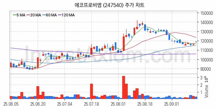2차전지 나트륨이온 관련주 에코프로비엠 주식 종목의 분석 시점 기준 최근 일봉 차트