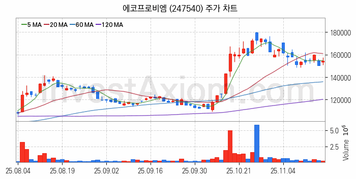 2차전지 나트륨이온 관련주 에코프로비엠 주식 종목의 분석 시점 기준 최근 일봉 차트