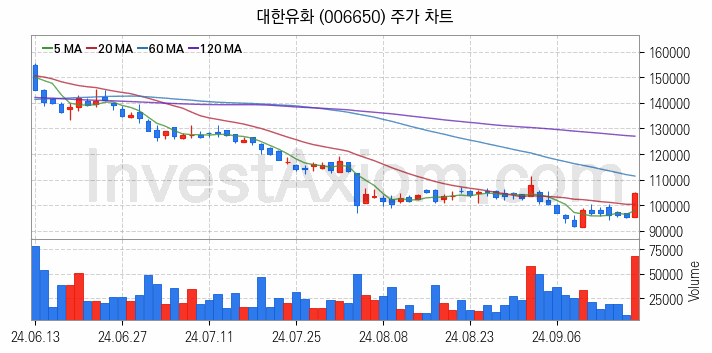 2차전지 소재 부품 관련주 대한유화 주식 종목의 분석 시점 기준 최근 일봉 차트