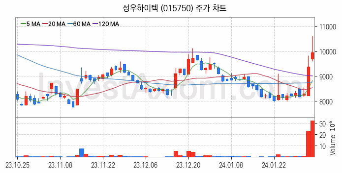 2차전지 소재 부품 관련주 성우하이텍 주식 종목의 분석 시점 기준 최근 일봉 차트