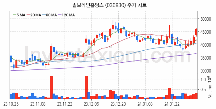 2차전지 소재 부품 관련주 솔브레인홀딩스 주식 종목의 분석 시점 기준 최근 일봉 차트