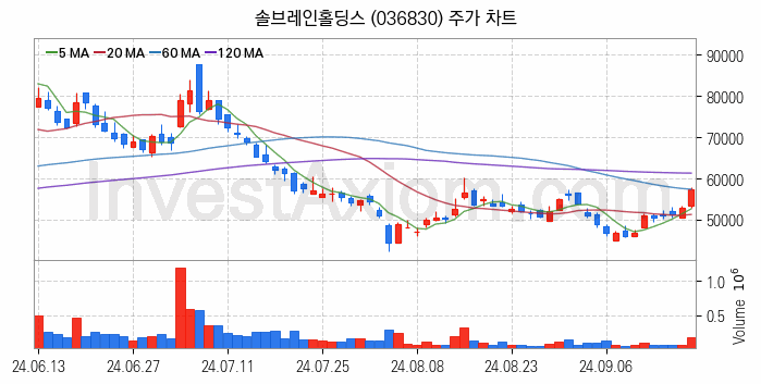 2차전지 소재 부품 관련주 솔브레인홀딩스 주식 종목의 분석 시점 기준 최근 일봉 차트