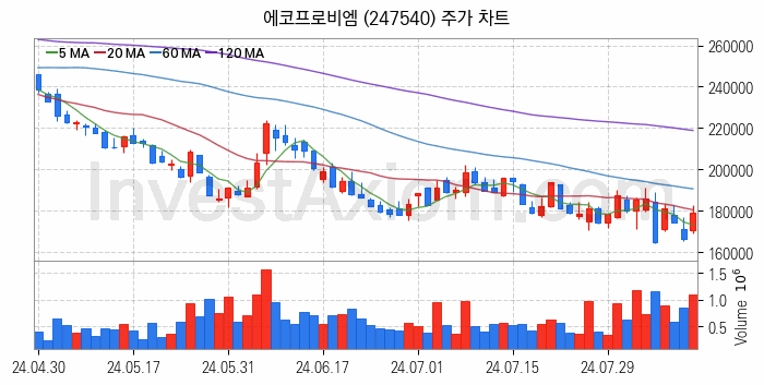 2차전지 소재 부품 관련주 에코프로비엠 주식 종목의 분석 시점 기준 최근 일봉 차트