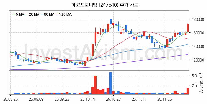 2차전지 소재 부품 관련주 에코프로비엠 주식 종목의 분석 시점 기준 최근 일봉 차트