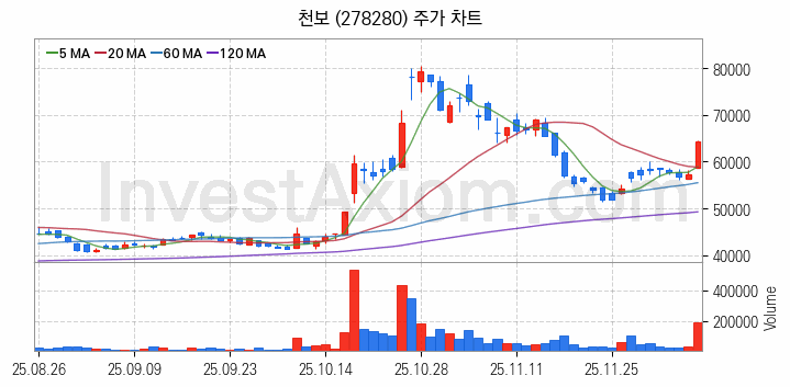 2차전지 소재 부품 관련주 천보 주식 종목의 분석 시점 기준 최근 일봉 차트