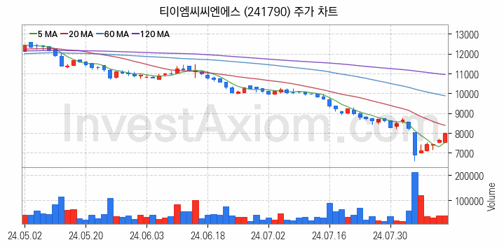 2차전지 장비 관련주 티이엠씨씨엔에스 주식 종목의 분석 시점 기준 최근 일봉 차트